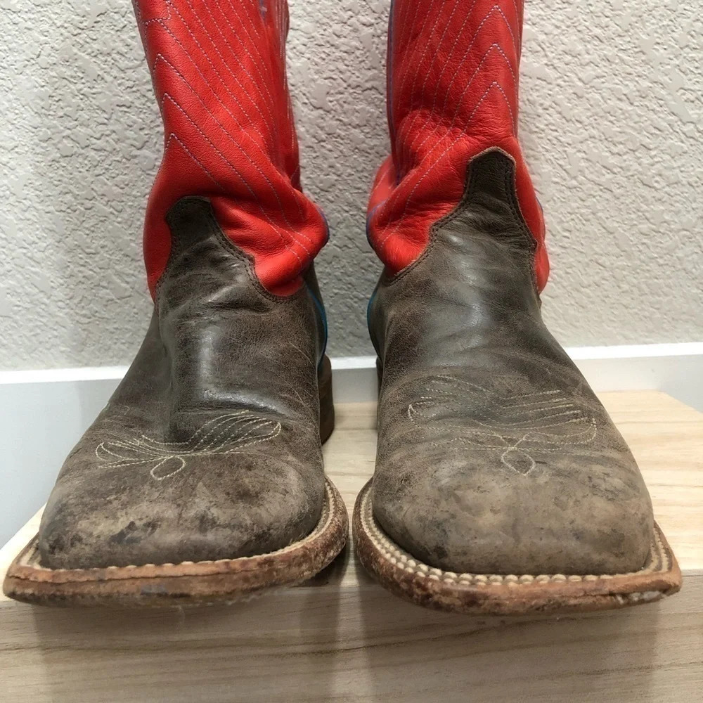 Justin Bent Rail‎ Orange & Brown Leather Square Toe Boots 8.5